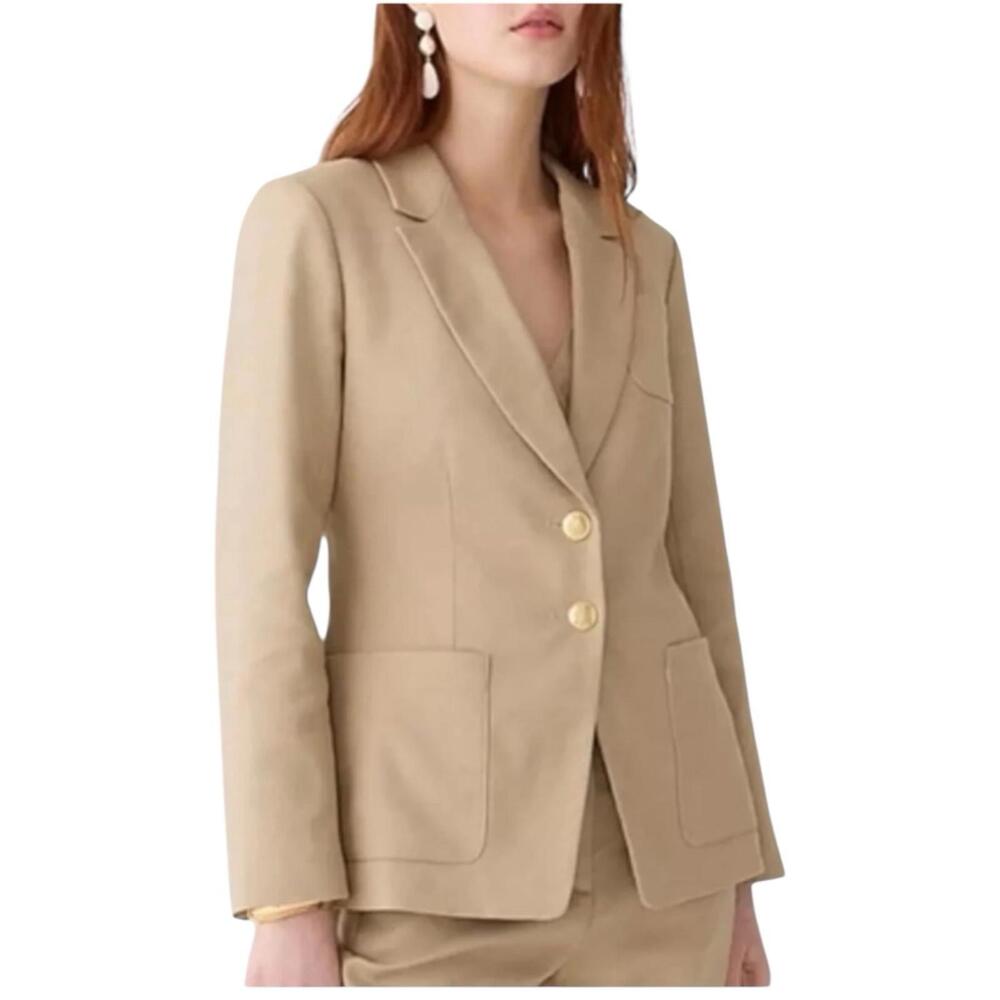 J Crew Helena Blazer WMNS Flax/ Khaki Linen Blend Gold Buttons BR106 Tan‎ Size 8